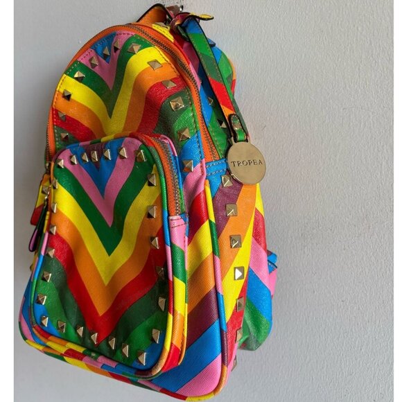 Tropea Women Faux Leather Rainbow Design Backpack Multi Color 10x6 - Picture 10 of 13